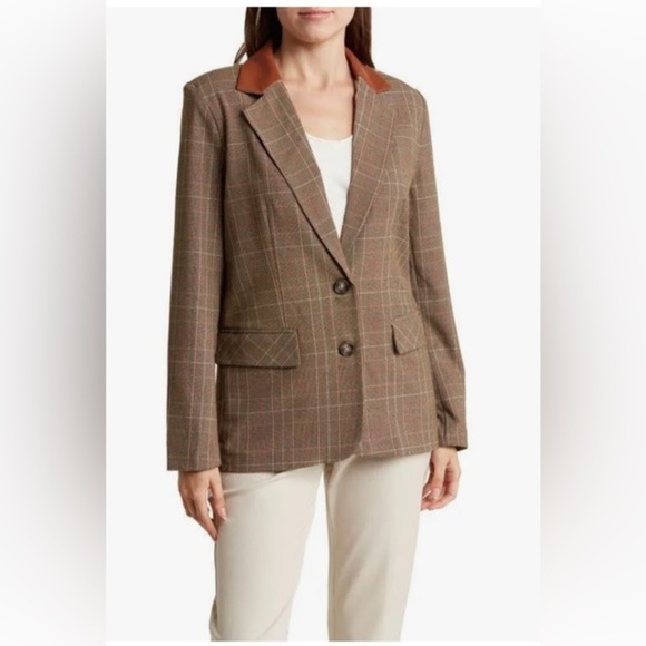 Steve Madden brown camel plaid Oversize pleather collar boyfriend  Blazer size M - Picture 1 of 5